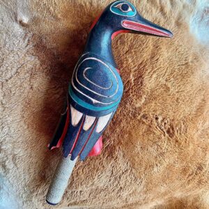 raven rattle | pacific northwest tribal style | hand carved hand painted wood reproduction (haida massett inspired) | museum source