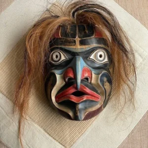 hawk spirit mask with hair | hand carved | pacific northwest tribal wall art | 10" ceremonial mask | museum source